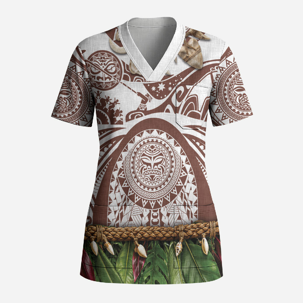 Polynesia Maui Umber Tattoo Inspired Scrub Top Tropical Leaf Skirt Costume DT05 Adult Brown - Polynesian Pride