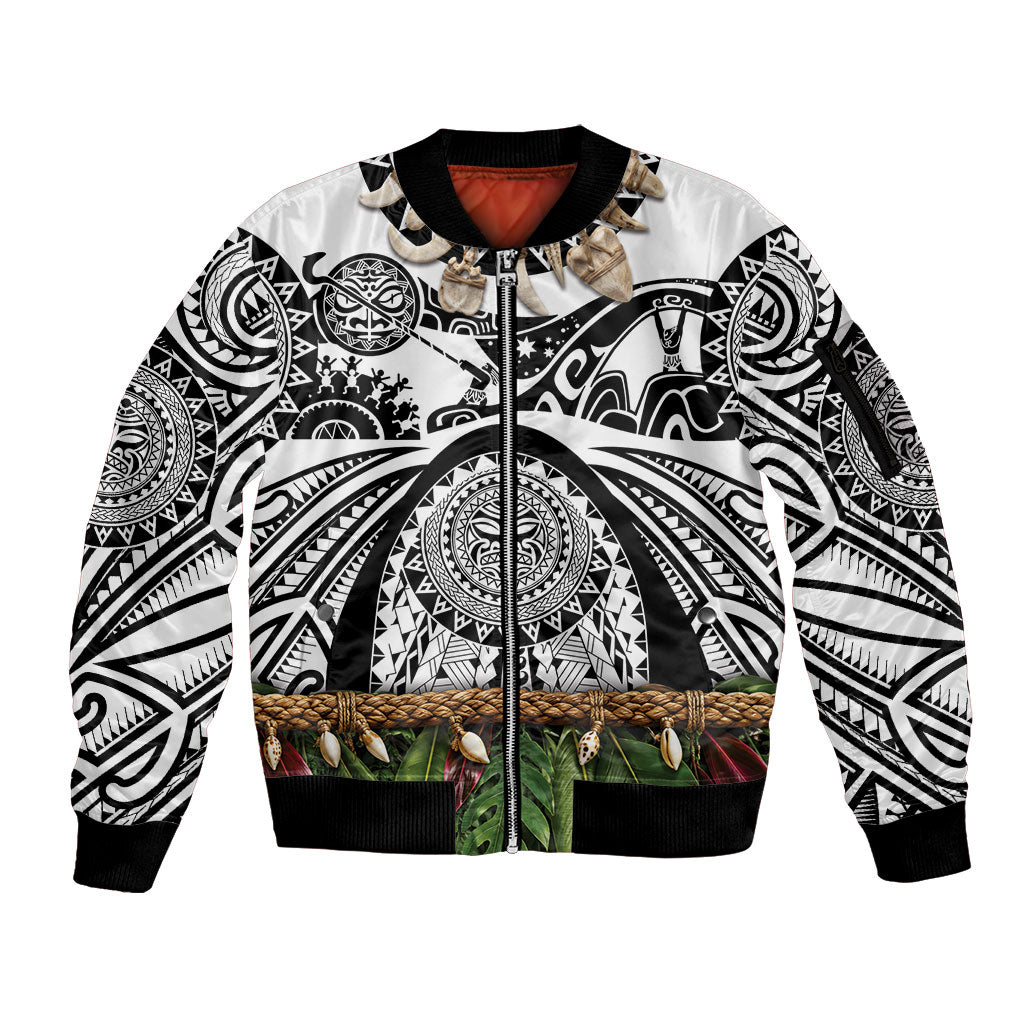 Polynesia Maui White Tattoo Inspired Sleeve Zip Bomber Jacket Tropical Leaf Skirt Costume DT05 Unisex White - Polynesian Pride