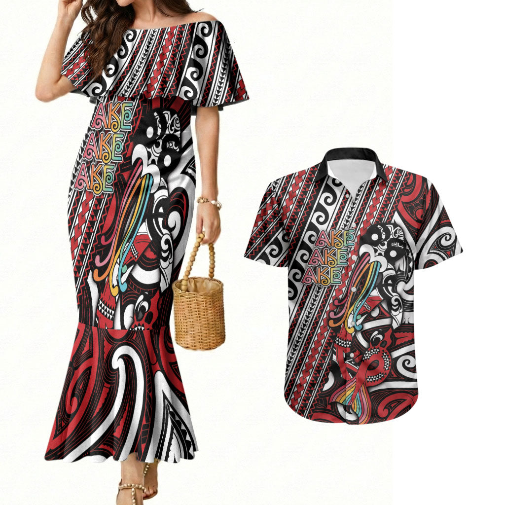 Personalised Maori Language Week Couples Matching Mermaid Dress and Hawaiian Shirt Ake Ake Ake Tribal Patterns DT05 Red - Polynesian Pride