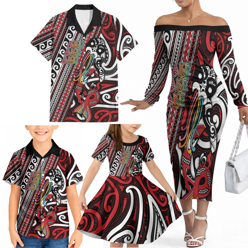 Personalised Maori Language Week Family Matching Off The Shoulder Long Sleeve Dress and Hawaiian Shirt Ake Ake Ake Tribal Patterns DT05 - Polynesian Pride