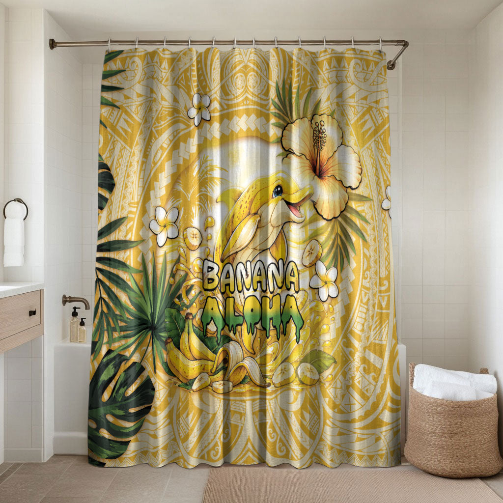 Hawaii Banana Dolphin Bathroom Set Cute Cosplay Naiʻa Fish Tribal Patterns DT05 Shower Curtain Only Yellow - Polynesian Pride