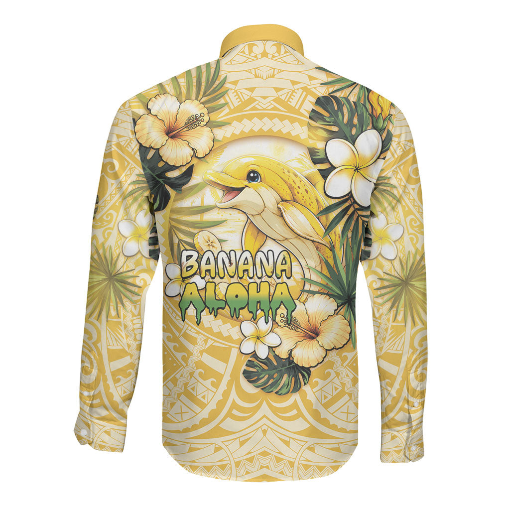 Hawaii Banana Dolphin Long Sleeve Button Shirt Cute Cosplay Naiʻa Fish Tribal Patterns DT05 - Polynesian Pride
