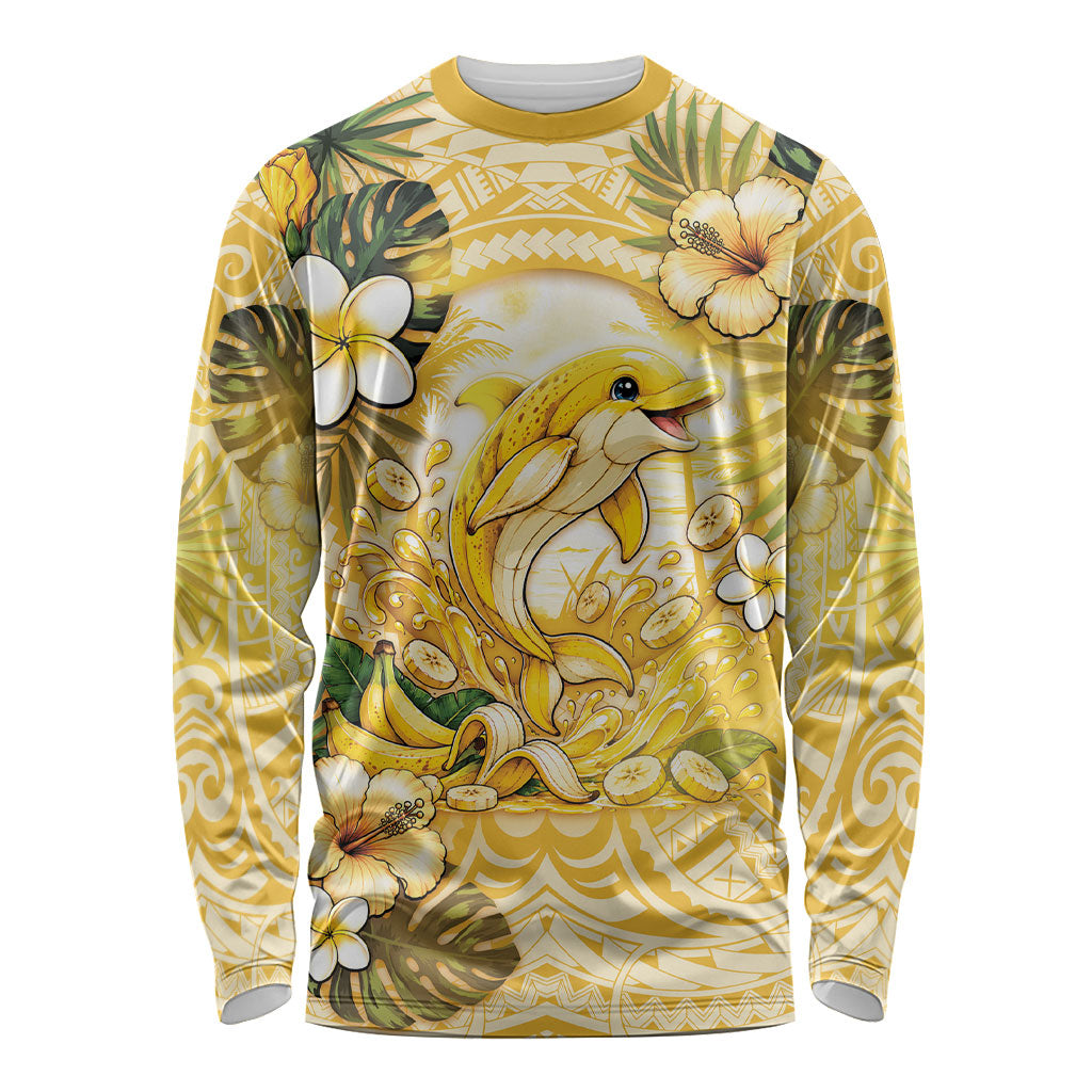 Hawaii Banana Dolphin Long Sleeve Shirt Cute Cosplay Naiʻa Fish Tribal Patterns DT05 Unisex Yellow - Polynesian Pride