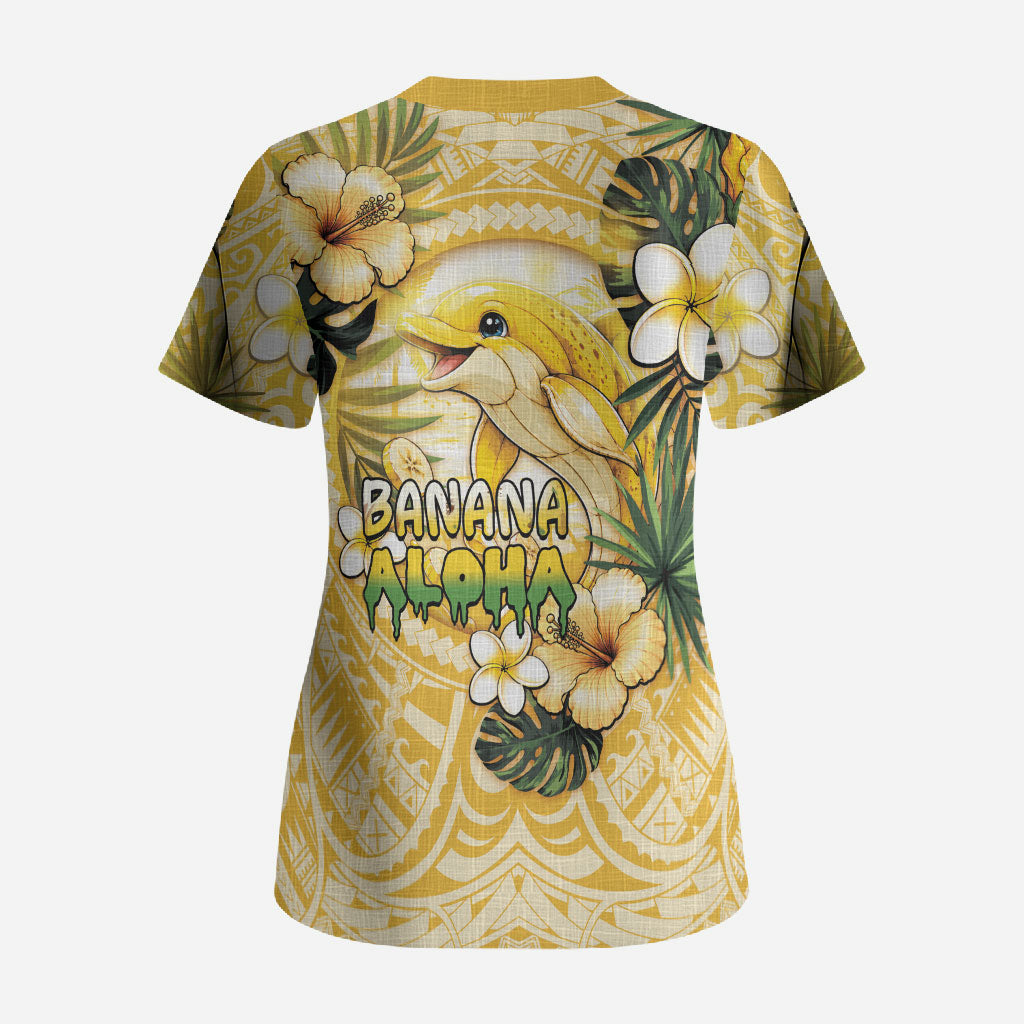 Hawaii Banana Dolphin Scrub Top Cute Cosplay Naiʻa Fish Tribal Patterns DT05 - Polynesian Pride