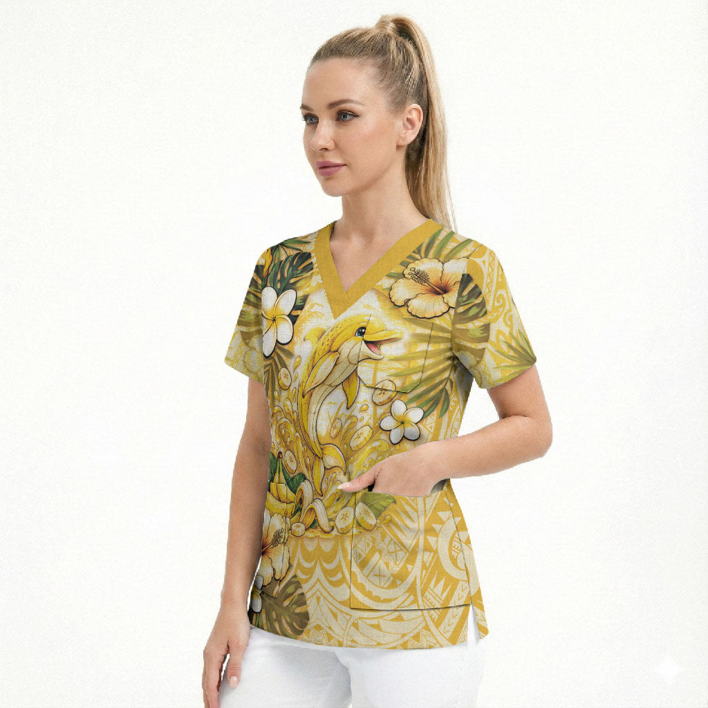 Hawaii Banana Dolphin Scrub Top Cute Cosplay Naiʻa Fish Tribal Patterns DT05 - Polynesian Pride