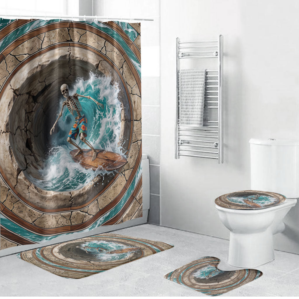 3D Illusion Surfing Skeleton Halloween Bathroom Set Surfboard Bones Ocean Wave Stone Well