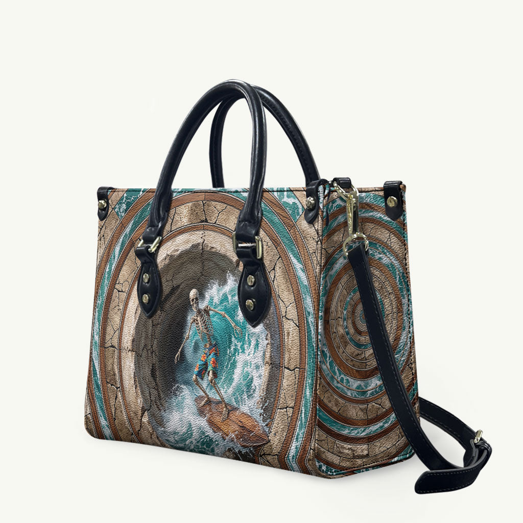 3D Illusion Surfing Skeleton Halloween Leather Bag Surfboard Bones Ocean Wave Stone Well DT05 Gray - Polynesian Pride