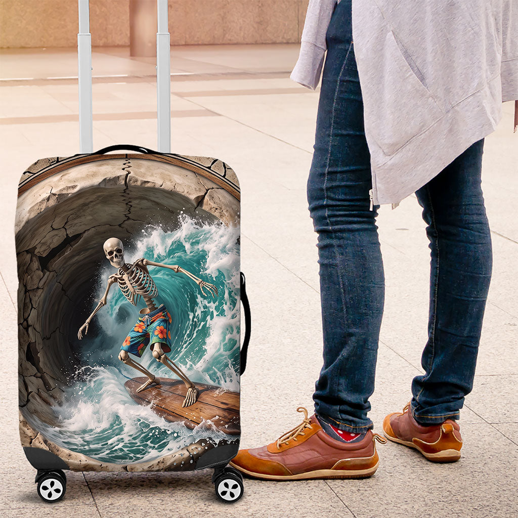 3D Illusion Surfing Skeleton Halloween Luggage Cover Surfboard Bones Ocean Wave Stone Well