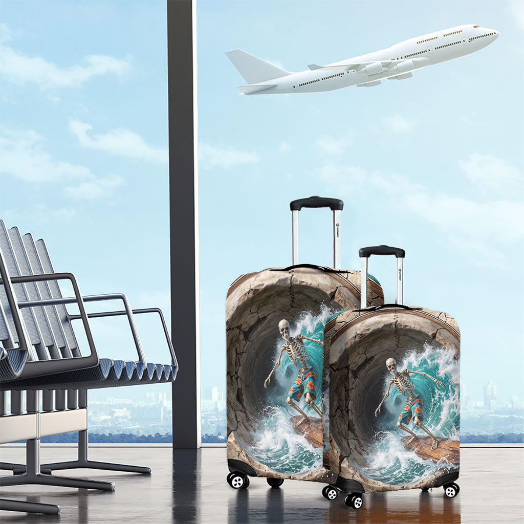 3D Illusion Surfing Skeleton Halloween Luggage Cover Surfboard Bones Ocean Wave Stone Well
