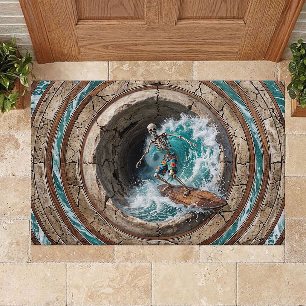 3D Illusion Surfing Skeleton Halloween Rubber Doormat Surfboard Bones Ocean Wave Stone Well DT05 Gray - Polynesian Pride