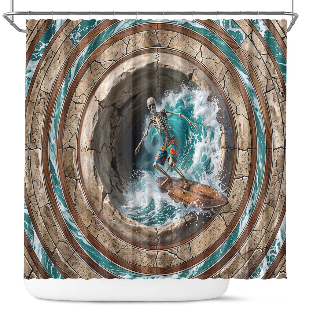 3D Illusion Surfing Skeleton Halloween Shower Curtain Surfboard Bones Ocean Wave Stone Well