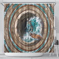 3D Illusion Surfing Skeleton Halloween Shower Curtain Surfboard Bones Ocean Wave Stone Well
