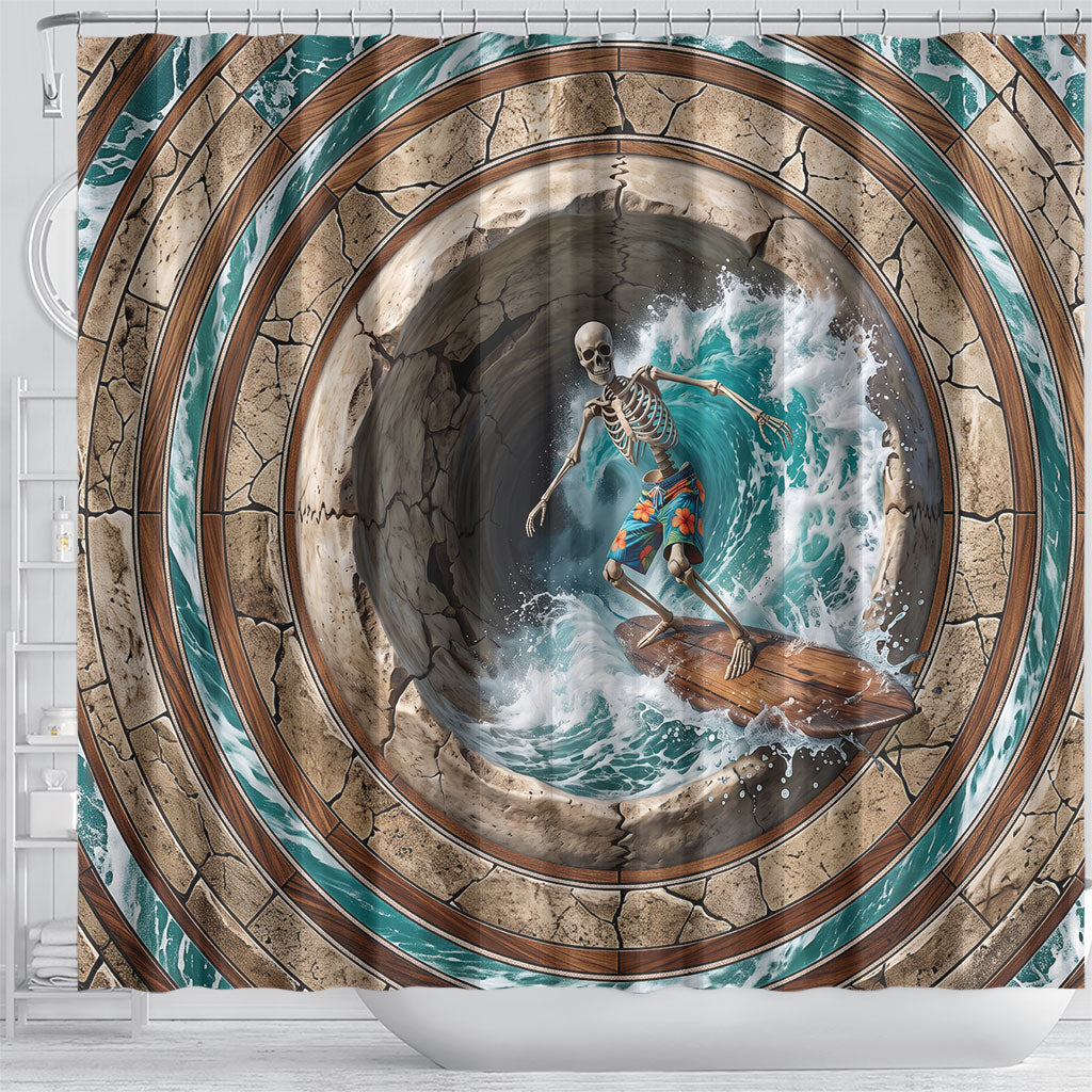 3D Illusion Surfing Skeleton Halloween Shower Curtain Surfboard Bones Ocean Wave Stone Well