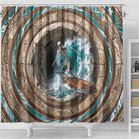 3D Illusion Surfing Skeleton Halloween Shower Curtain Surfboard Bones Ocean Wave Stone Well