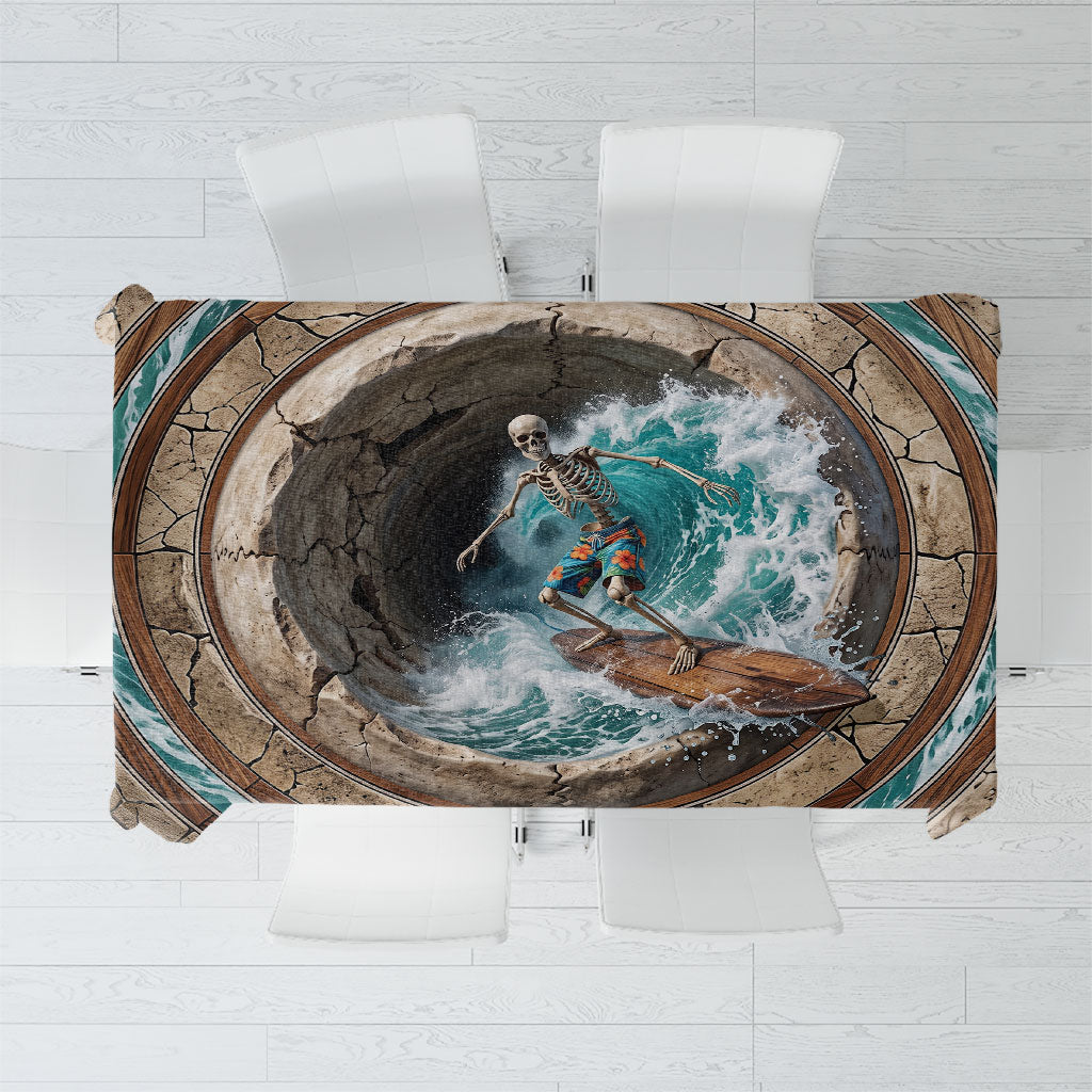 3D Illusion Surfing Skeleton Halloween Tablecloth Surfboard Bones Ocean Wave Stone Well DT05 Gray - Polynesian Pride
