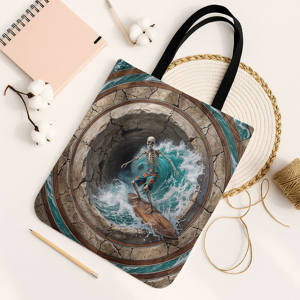 3D Illusion Surfing Skeleton Halloween Tote Bag Surfboard Bones Ocean Wave Stone Well