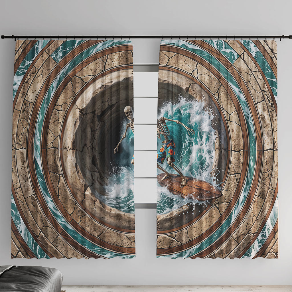 3D Illusion Surfing Skeleton Halloween Window Curtain Surfboard Bones Ocean Wave Stone Well