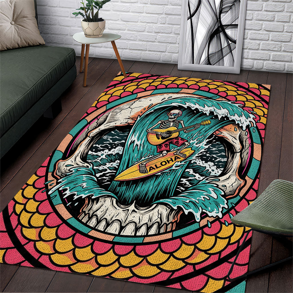 3D Illusion Surfing Skull Aloha Halloween Area Rug Tropical Guitarist Bones Wave DT05 Blue - Polynesian Pride