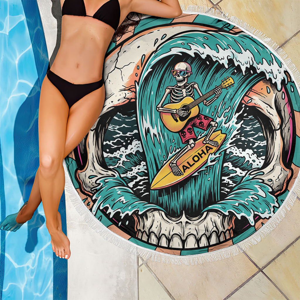 3D Illusion Surfing Skull Aloha Halloween Beach Blanket Tropical Guitarist Bones Wave