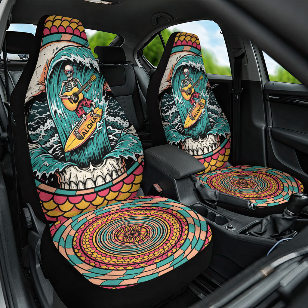 3D Illusion Surfing Skull Aloha Halloween Car Seat Cover Tropical Guitarist Bones Wave DT05 One Size Blue - Polynesian Pride