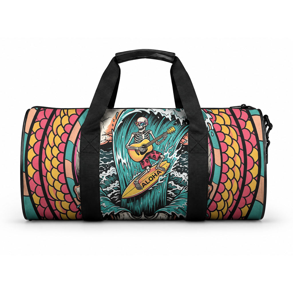 3D Illusion Surfing Skull Aloha Halloween Duffle Bag Tropical Guitarist Bones Wave DT05 One size Blue - Polynesian Pride