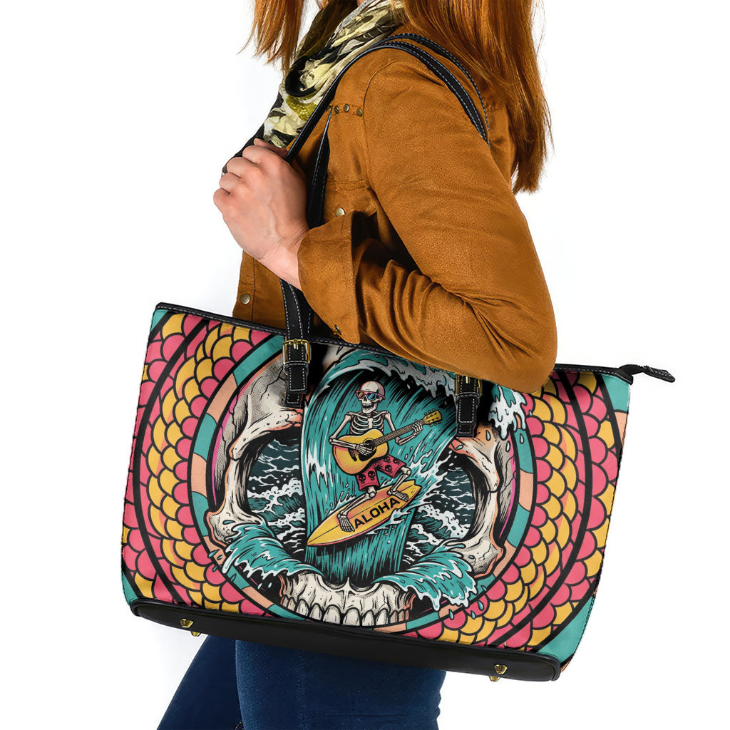 3D Illusion Surfing Skull Aloha Halloween Leather Tote Bag Tropical Guitarist Bones Wave