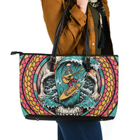 3D Illusion Surfing Skull Aloha Halloween Leather Tote Bag Tropical Guitarist Bones Wave