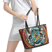 3D Illusion Surfing Skull Aloha Halloween Leather Tote Bag Tropical Guitarist Bones Wave