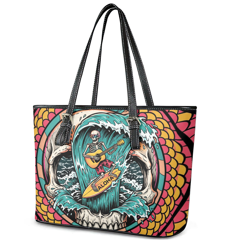 3D Illusion Surfing Skull Aloha Halloween Leather Tote Bag Tropical Guitarist Bones Wave