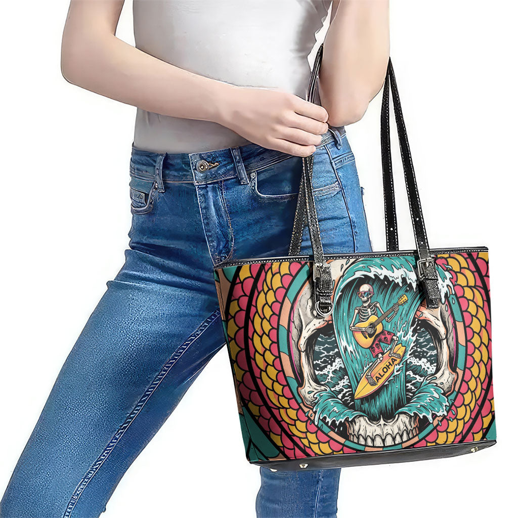 3D Illusion Surfing Skull Aloha Halloween Leather Tote Bag Tropical Guitarist Bones Wave