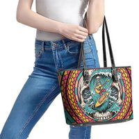 3D Illusion Surfing Skull Aloha Halloween Leather Tote Bag Tropical Guitarist Bones Wave
