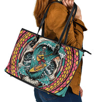 3D Illusion Surfing Skull Aloha Halloween Leather Tote Bag Tropical Guitarist Bones Wave