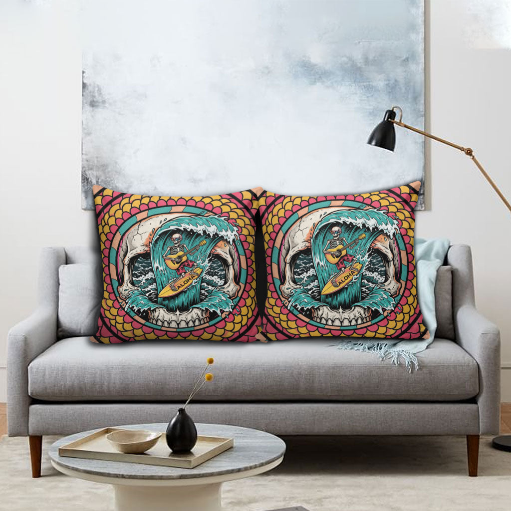 3D Illusion Surfing Skull Aloha Halloween Pillow Cover Tropical Guitarist Bones Wave