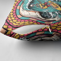3D Illusion Surfing Skull Aloha Halloween Pillow Cover Tropical Guitarist Bones Wave