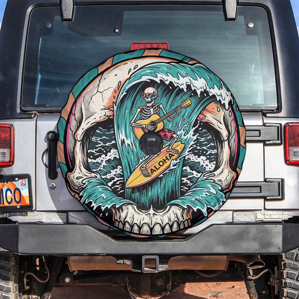 3D Illusion Surfing Skull Aloha Halloween Spare Tire Cover Tropical Guitarist Bones Wave