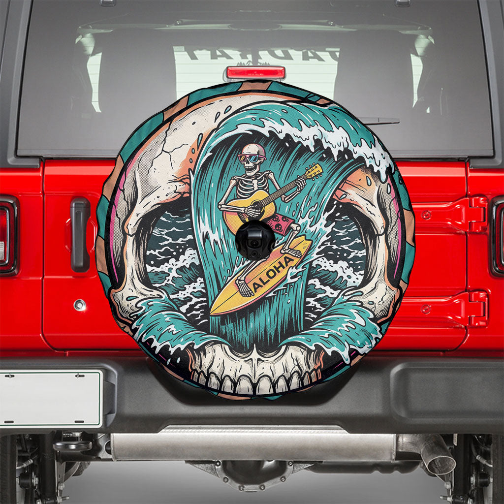 3D Illusion Surfing Skull Aloha Halloween Spare Tire Cover Tropical Guitarist Bones Wave