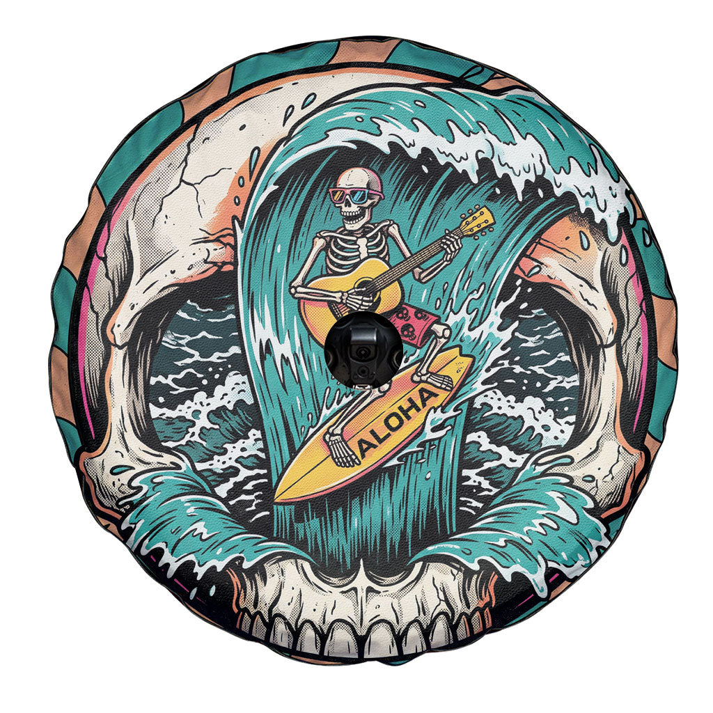 3D Illusion Surfing Skull Aloha Halloween Spare Tire Cover Tropical Guitarist Bones Wave