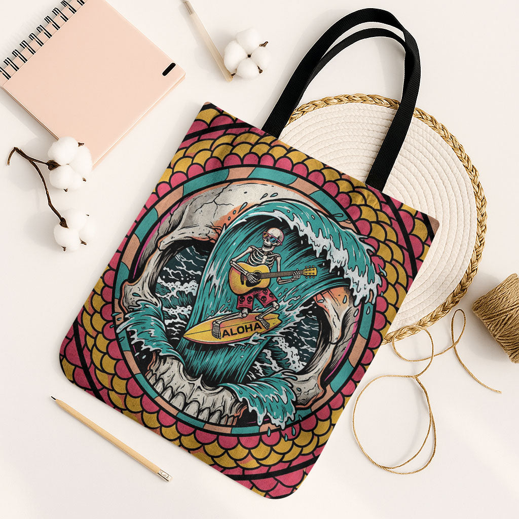 3D Illusion Surfing Skull Aloha Halloween Tote Bag Tropical Guitarist Bones Wave