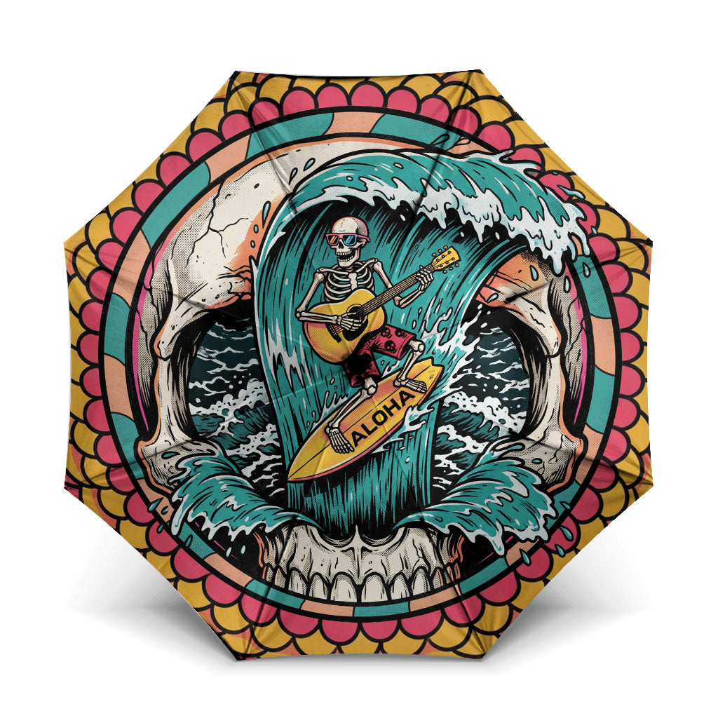 3D Illusion Surfing Skull Aloha Halloween Umbrella Tropical Guitarist Bones Wave DT05 One Size Folded 11.42 inch Opened Diameter 37.4 inch Blue - Polynesian Pride