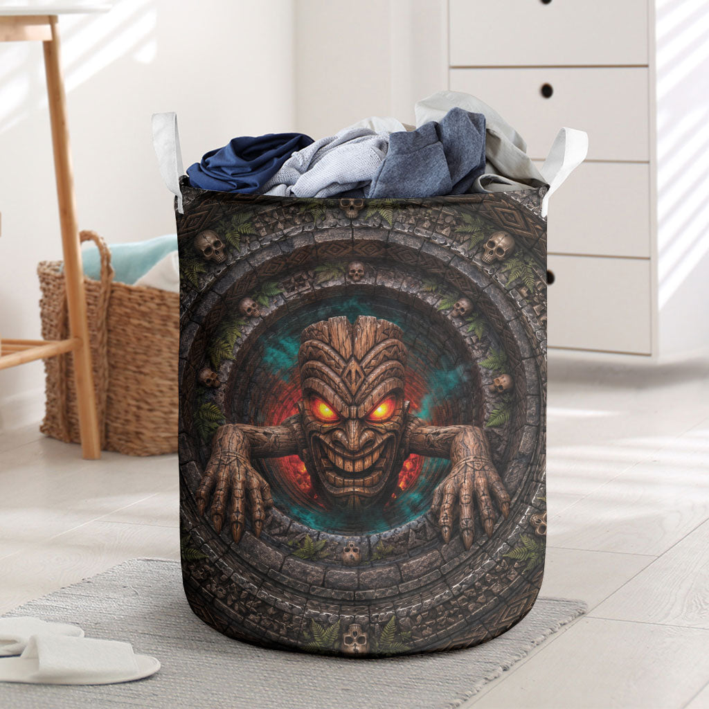 3D Illusion Haunted Tiki Totem Halloween Laundry Basket Polynesian Wood Spirit Fiery DT05 Brown - Polynesian Pride