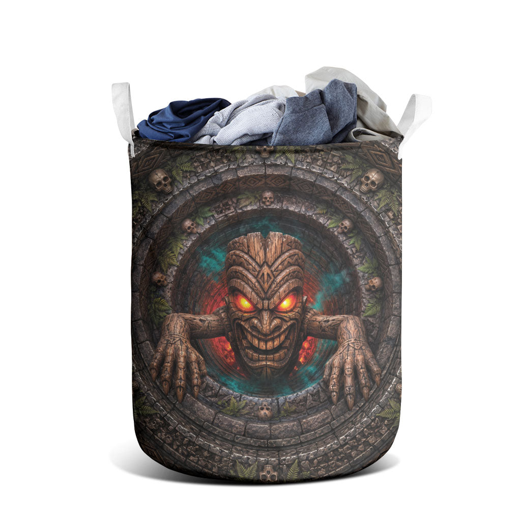 3D Illusion Haunted Tiki Totem Halloween Laundry Basket Polynesian Wood Spirit Fiery DT05 - Polynesian Pride