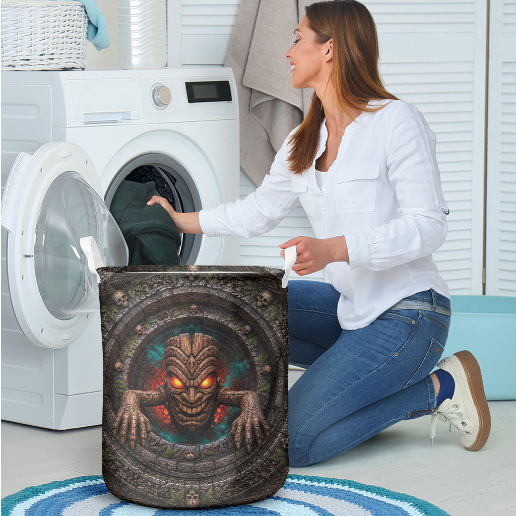 3D Illusion Haunted Tiki Totem Halloween Laundry Basket Polynesian Wood Spirit Fiery DT05 - Polynesian Pride
