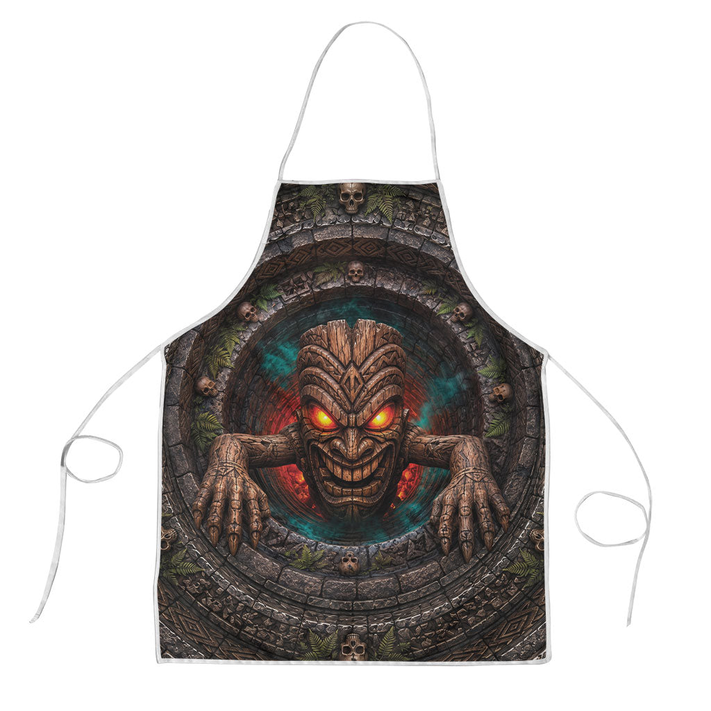 3D Illusion Haunted Tiki Totem Halloween Apron Polynesian Wood Spirit Fiery