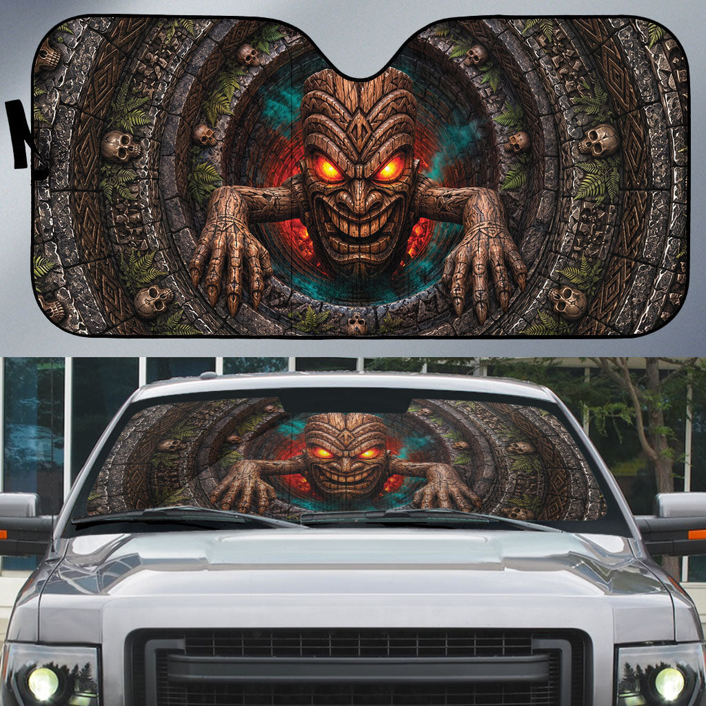 3D Illusion Haunted Tiki Totem Halloween Auto Sun Shade Polynesian Wood Spirit Fiery DT05 Brown - Polynesian Pride
