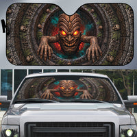 3D Illusion Haunted Tiki Totem Halloween Auto Sun Shade Polynesian Wood Spirit Fiery DT05 Brown - Polynesian Pride