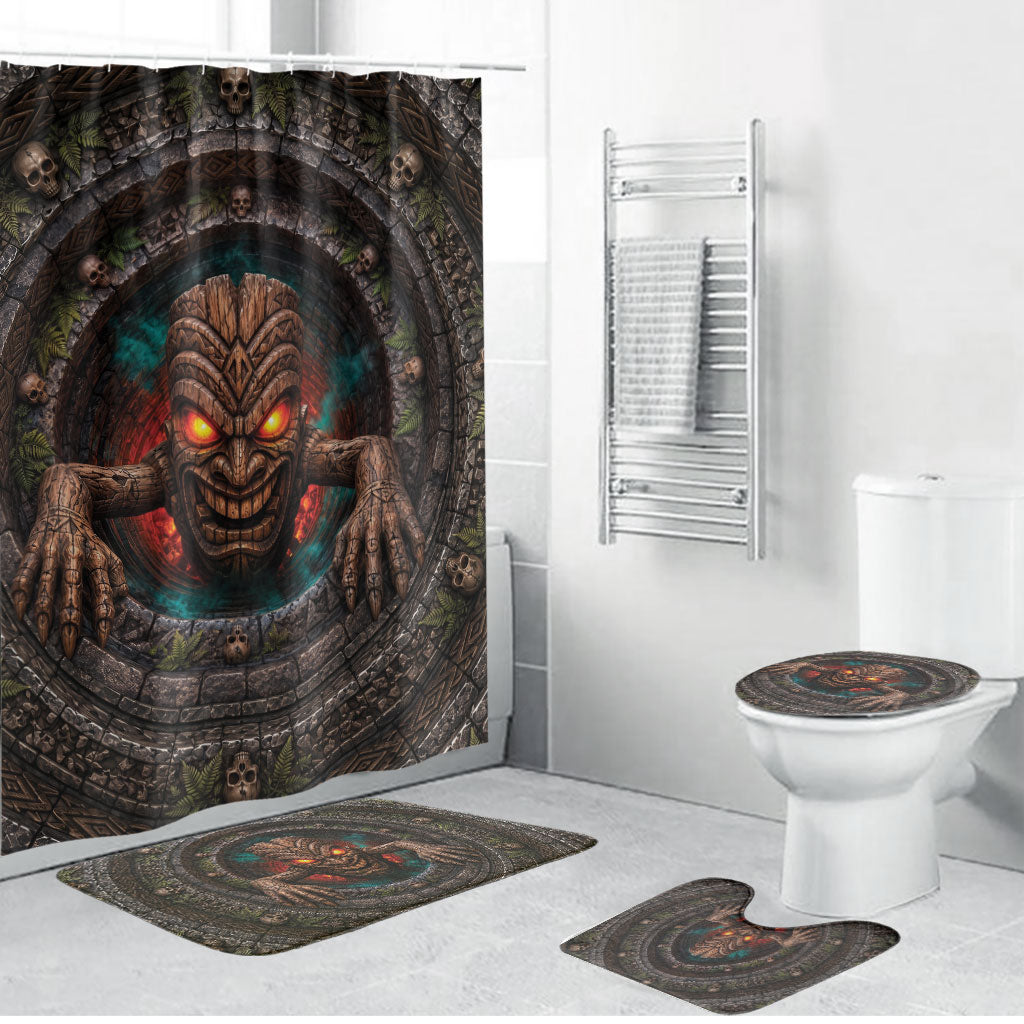 3D Illusion Haunted Tiki Totem Halloween Bathroom Set Polynesian Wood Spirit Fiery
