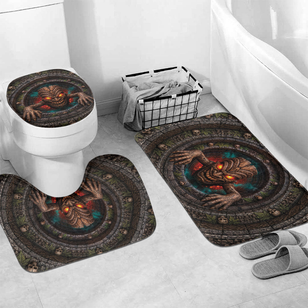 3D Illusion Haunted Tiki Totem Halloween Bathroom Set Polynesian Wood Spirit Fiery DT05 Mat Set Only (3 pcs) One Size Brown - Polynesian Pride