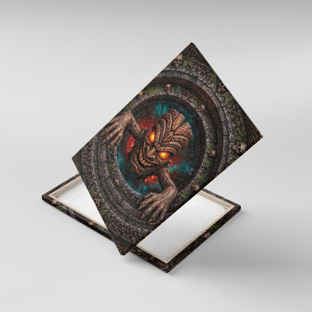 3D Illusion Haunted Tiki Totem Halloween Canvas Wall Art Polynesian Wood Spirit Fiery DT05 With Frame Brown - Polynesian Pride
