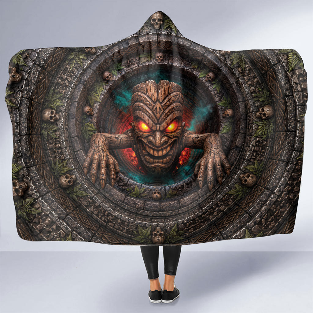 3D Illusion Haunted Tiki Totem Halloween Hooded Blanket Polynesian Wood Spirit Fiery DT05 One Size Brown - Polynesian Pride