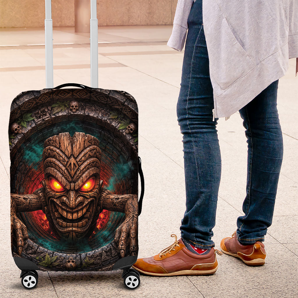 3D Illusion Haunted Tiki Totem Halloween Luggage Cover Polynesian Wood Spirit Fiery DT05 Brown - Polynesian Pride